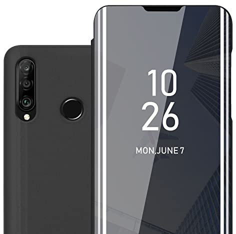 Cadorabo Hülle kompatibel mit Huawei P30 LITE in TURMALIN SCHWARZ - Clear View Spiegel Schutzhülle mit Standfunktion 360 Grad Schutz