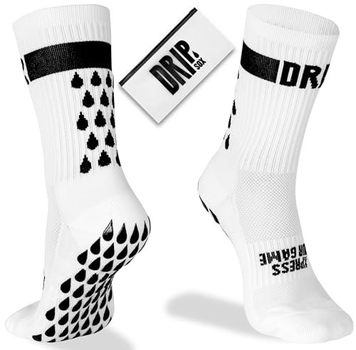 DRIPsox® Football Grip Socks - 6 Sizes for Kids, Men, Junior & Women (XXS:8C-11.5C, XS:12C-2.5, S:3-5.5, M:6-8.5, L:9-11.5, XL:12+) - 1 Pair (M) White Grip Socks Football - Anti Slip & Elite Comfort