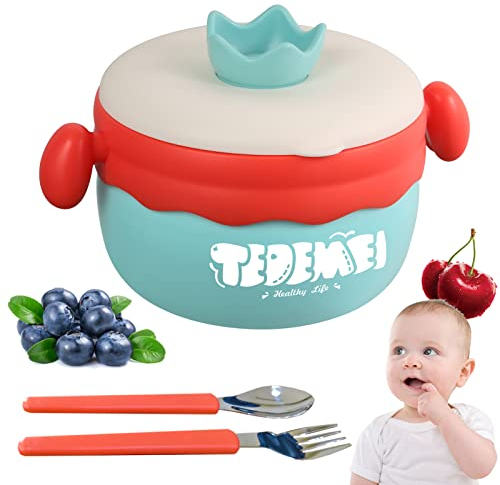 Isolierender Thermobehälter,Breischale Baby, Hält als kalt/warm - Doppelwandig 160-400ml Edelstahl Saugnapf Schüssel,Lunchbox Kindergeschirr,für Baby und Kinder (Grün,Stil 1)