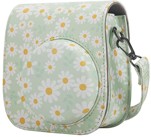 Frankmate Étui de Protection Compatible avec Appareil Photo instantané Fujifilm Instax Mini 12 11 9 8 avec Poche pour Accessoires et Sangle réglable, Motif pâquerettes - Vert, Étui Instax