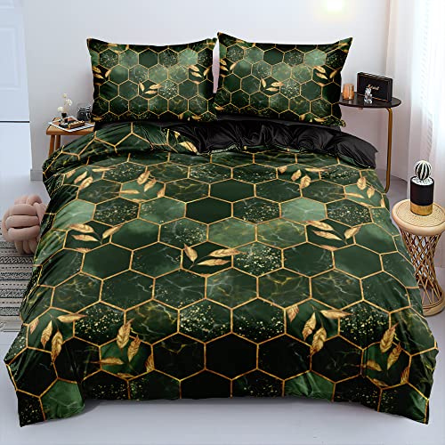 Marmor Bettwäsche Grün 135x200 Dunkelgrün Schwarz Gold Kariert 3D Effekt Motiv Wende Bettwäsche Set Aesthetic Microfaser Luxus Modern Gedruckt Bettbezug 135 x 200 Einzelbett mit Reißverschluss
