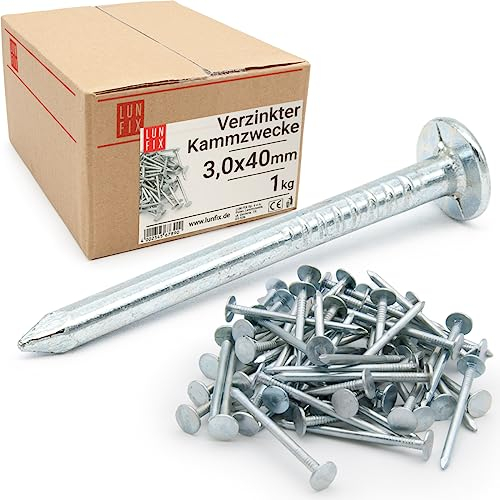 Lun Fix Chiodi in acciaio 3,0 x 40 mm (1 kg), zincati, chiodi in legno per la posa di cartone per tetto, chiodi zincati, lunghezza 40 mm, per il montaggio della cassaforma