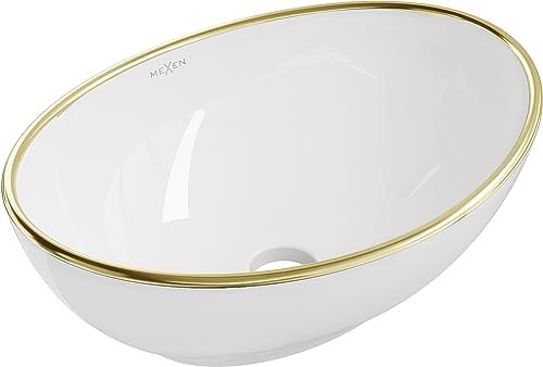 Premium Waschbecken Oval Elza Aufsatzwaschbecken für das Badezimmer und Gäste-WC | Waschbecken mit Lotus-Effekt Moderne Waschschale | 40,5x33x14 (Weiss und Gold)