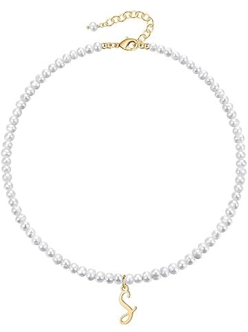 TINGN PerlenKette Damen Halskette Gold, 14K Vergoldet Perlen Kette Halskette Choker Kette für Frauen Freundin Halskette Anhänger Initialen Halskette Damen Schmuck Geschenke Verstellbar (S)