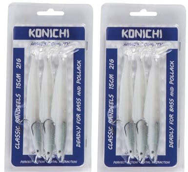 FISHZONE - 6 (2 x 3) Pack KONICHI CLASSIC SANDEEL Fishing Lure 6 15cm 21g Soft Rubber Imitation Bait Range (6 Colours Available) For Predatory Fishing. UK Supplier (Pearl White)