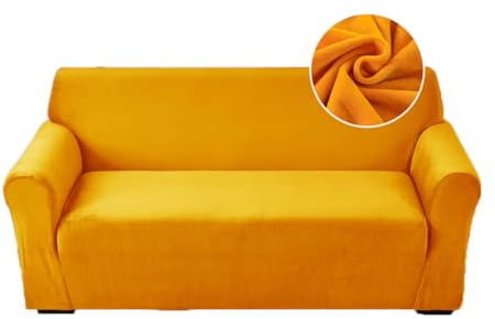 Highdi Housse de Canapé Extensible 2 Place, Velours Couverture de Canapé avec Accoudoirs, Salon Revêtement de Canapé pour Animaux avec Housse de Coussin (Jaune Gingembre,2 Place)