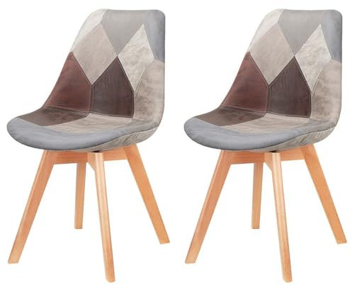 Herbalady Lot de 2 Chaises de Salle à Manger, Patchwork Multicolore Chaise Salle a Manger, Chaise Scandinave avec Pieds en Bois de Hêtre, pour Salon, Salle à Manger, Chambre (Gris)