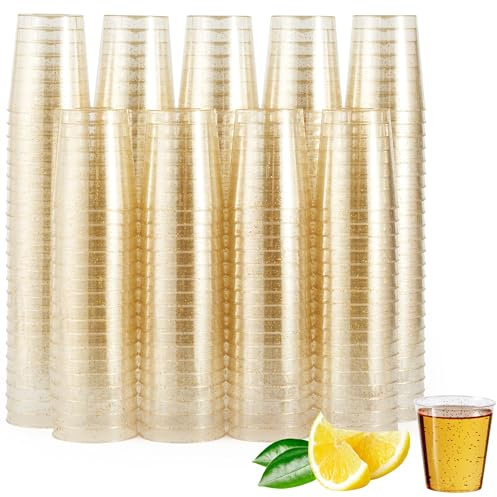 MATANA 600 Double Shot Glasses (60ml) - Clear Hard Plastic with Gold Glitter - Reusable Jello & Tequila Shots, Dessert Pots, Sample Tasting Cups for Birthdays, Weddings, BBQs, Parties
