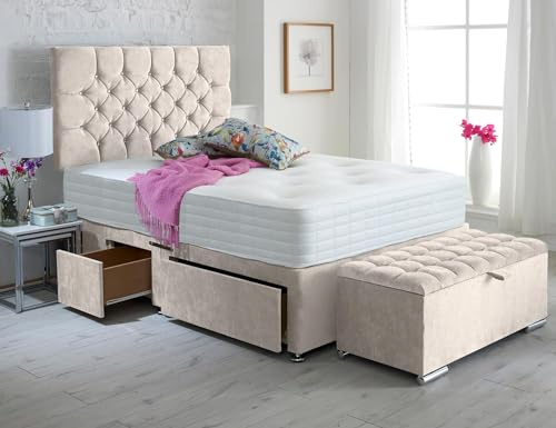 ComfoRest Super King Divan Bed Set, Mattress & Ottoman Box, Cream | Made in Britain, 6ft / 181.5 x 200.5cm, 4 drawers, medium-firm mattress included, cream naples fabric for a premium feel