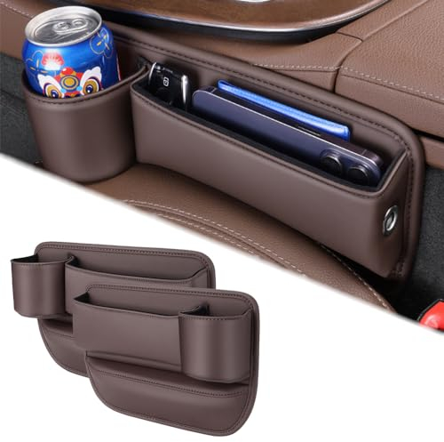 Auto Seat Gap Organisateur avec Porte-gobelet pour V.W Ameo Arteon Atlas Beetle New-Beetle, 2 pièces Organisateur Boîte de Rangement Siège Écart de Voiture en Cuir PU, avec Trou de Câble