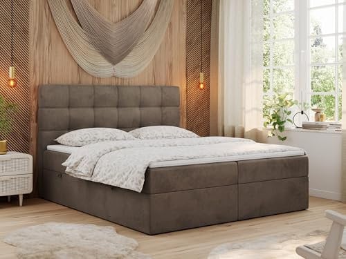 MKS MEBLE Boxspringbett 180x200 mit Matratze, Bett mit Multipocket - Matratze H4 und Topper, Polsterbett 180x200 mit Bettkasten und Kopfteil, ERNI - Braun Velvet