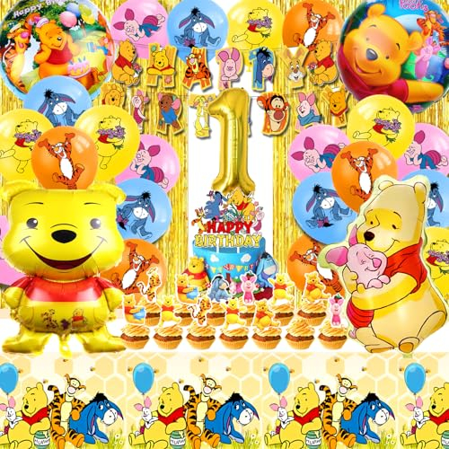 Winnie l'Ourson Décoration Anniversaire 1 An - 53 Pièces avec Ballons, Nappe et Déco Gâteau