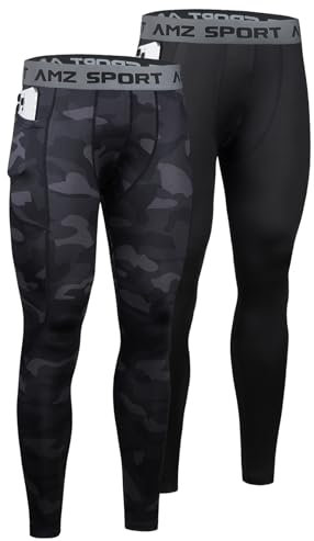 AMZSPORT Confezione da 2 Pantaloni a Compressione Uomo, Lunghi e Traspiranti, Leggings Sportivi per Corsa, Allenamento, Fitness, Ciclismo, Basket e Palestra Mimetico Nero Nero L