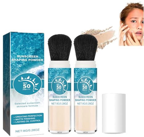 Mineral Sunscreen Setting Powder, poudre de protection solaire SPF 50, poudre de protection solaire avec brosse, contrôle de l'huile, finition mate naturelle, durable, légère et respirante (2 pièces,