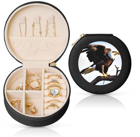 PHAYAH Schmuckkästchen aus Leder, Adler mit Flügeln, rund, für Mädchen, Damen, Schwarz