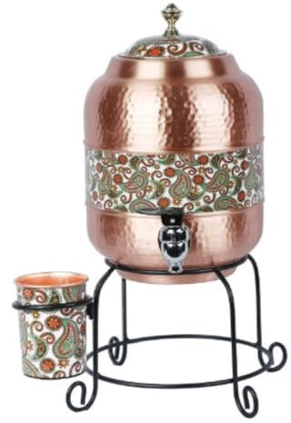 jewellary hub Pure Copper Hammered Finish Water Dispenser | Tamba Jug | Matka Pot | Water Storage Tank Container 1 Glass with Iron Stand 5000 ml / 1.32 gallon (Copper, Multi RQ1)
