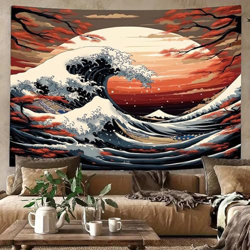 APROPHIC Riesenwelle Wandteppich Japan Ozean Welle Wandteppich Vintage Anime Wandteppich Ästhetik Kanagawa Wandteppich Sonnenuntergang Wandteppich Raum Wandteppich 150x130 cm