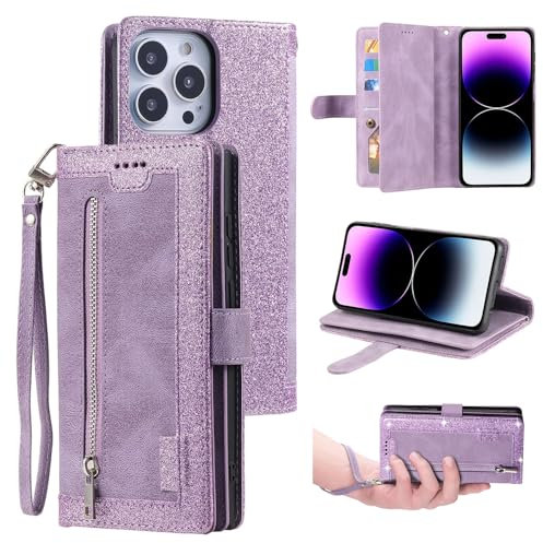 UEEBAI Wallet Case for iPhone 16 Pro 6.3, Retro 9 Card Holder Slots Zipper Pocket Handbag Case PU Leather Magnetic Closure Kickstand with Wrist Strap TPU Shockproof Flip Case - Glitter Purple