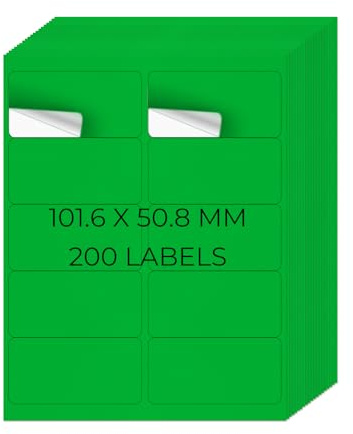 YIKIADA Neon Grün Universal Etiketten 50,8 × 101,6 MM Vinyl Selbstklebend Ablösbar Blanko Aufkleber Bedruckbar Namenaufkleber Büro Adressetiketten für Tintenstrahl- und Laserdruckern 200 Stück