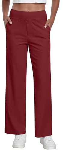 GRECERELLE Palazzo Hose Damen Elegante Locker Weites Bein Hose Taille Dehnbar Lounge Hose mit Taschen (Vintage Rot, L)