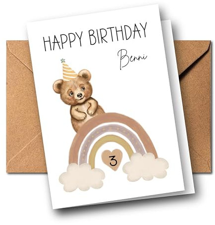 Personalisierte Kinder Glückwunschkarte zum 1. 2. 3. 4. 5. 6. 7. usw. Geburtstag Grußkarte Geburtstagskarte Faltkarte Kindergeburtstag mit Name verschiedene Tiermotive Boho Regenbogen (Bär)