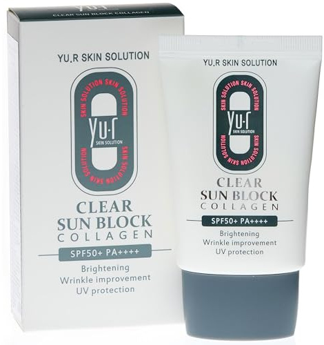 Yu.r Skin Solution Clear Sun Block Collagen, Sonnenschutz Gesichtscreme mit UV-Schutz & Anti-Aging | Feuchtigkeitsspendend mit Hyaluron, Niacinamid & Pflanzenextrakten