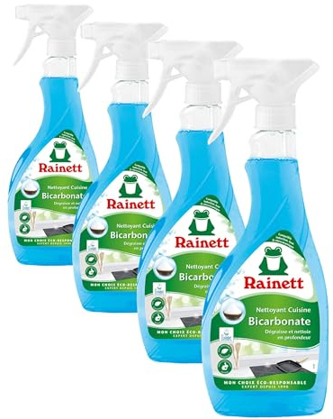 RAINETT - Spray Nettoyant & Dégraissant Cuisine au Bicarbonate - Haute Efficacité Dégraissante & Désincrustante - Spray Eco-Conçu - Flacon 100% Recyclé & Recyclable - Ecolabel - 500 ml (Lot de 4)