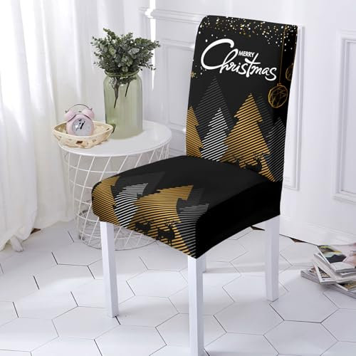 Stuhlhussen Golden Schwarz Weihnachten Stuhlhussen 6er Set Stretch Weiche Elasthan Stuhlhussen Schwingstühle Waschbar Hussen für Stühle Abnehmbare Stuhlbezug Langlebig Stuhlhusse Universal Stuhlbezüge
