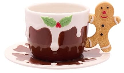 The Seasonal Gift Co - Novelty Glazed Ceramic Christmas Gingerbread Icing Cup & Saucer - Funny Whimsical Christmas Gifting & Homeware Present - Perfect for Xmas Winter Season Dining/Kitchen.