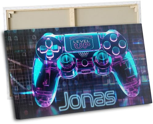 timalo® Kinderzimmer Leinwandbilder personalisiert mit Namen | Bild auf Leinwand Kinder Bilder für die Wand Wandbild xxl Mädchen Jungen Bild fürs Zimmer | 40 x 30 cm Gaming Controller Neon
