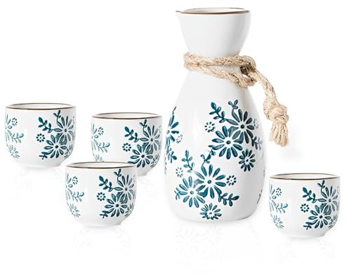 Liwein Service à Saké Japonais,5 Pièces Céramique Bouteille de Saké Traditionnelle Peint à la Main Fleurs de Cerisier Porcelaine Poterie Tasses (Orchidée)