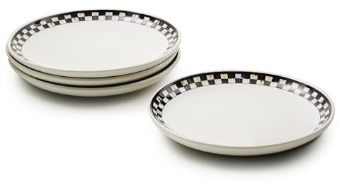 MACKENZIE-CHILDS Set of 4 Everyday Small Plates, Microwave-Safe and Dishwasher-Safe Stoneware Salad Plates, Black-and-White Courtly Check