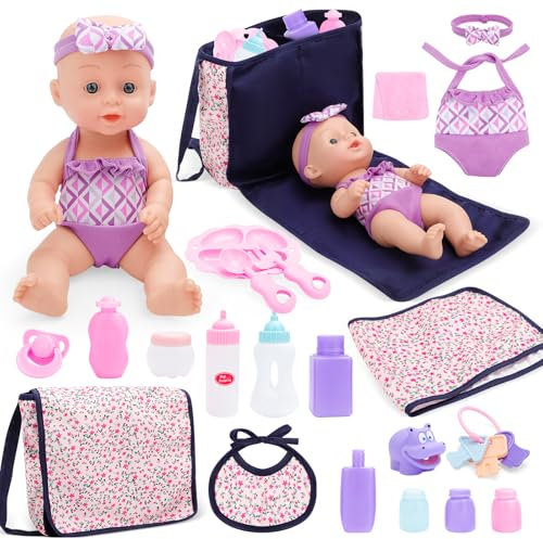 deAO Kit di Accessori per Bambole - Borsa Fasciatoio, Vestiti Poupon, Coperta, Biberon, Accessoris- Adatto per Bambole da 28 cm, Gioco di Ruolo, Regalo di Compleanno per Bambine dai 3 Anni in su