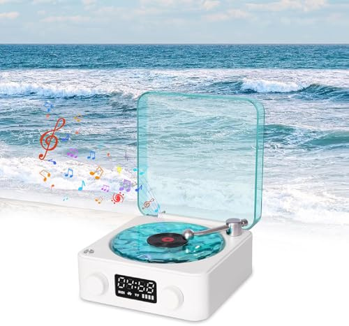 Waves Vinly Bluetooth Speaker, The Waves Vinly Player with Water Ripple Light, Retro Style Vinly Record Player, Aqua Speaker for Bedroom, Office, Party (White)
