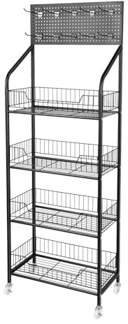 Estabeter 4-Stöckiges Snack-Regal, Chips-Halter-Organisator mit 4 Rädern Tragbar Einzelhandelsregal im Supermarkt Süßigkeiten Regal Display Rack aus Metall, Schwarz