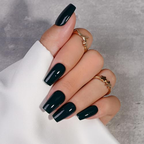 KQueenest Black Press on Nails Long Square, Dark Black False Nails with Glue, Glossy Solid Medium Coffin Fake Nails Press ons, Natural Fit, Reusable Soft Gel Stick on Nail for Women Decoration 24 Pcs