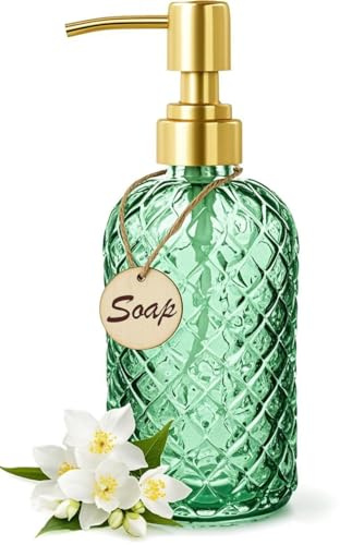 Bingobang Glass Soap Dispenser with Hand Gold Pump 470ml, Green | 304 Rustproof Stainless Steel, 16 Oz Refillable Liquid Hand Wash Jar Dispenser Lotions Shampoo Bottle for Bathroom & Kitchen