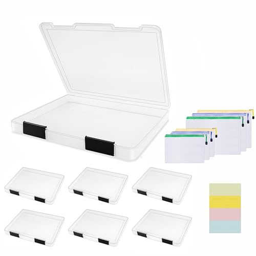 Pechor 6 Pcs A4 File Box Clear Plastic File Storage Box Paper Organizer | Board Game Storage Scrapbook File Holder with Buckle, with 6Pcs Plastic Wallets, 16pcs Sticker Labels, Black