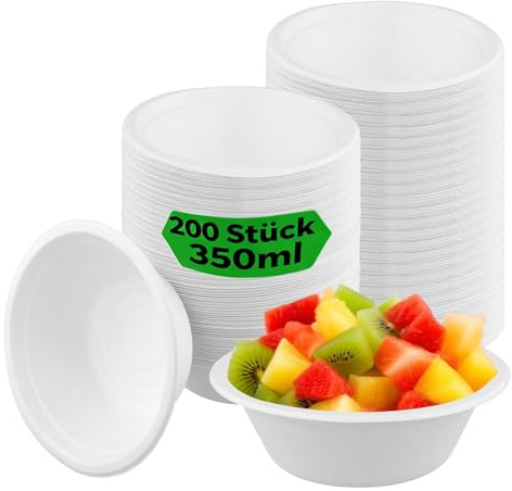MUNGHOK Lot de 200 bols jetables en carton blanc 350 ml - Bols à soupe en canne à sucre durable - Assiettes creuses jetables pour fêtes, barbecues, pique-niques
