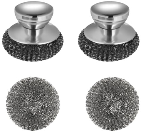 Stahlschwamm, 2 Stück Stahlwolle Schrubber mit 2 Stück Ersatzkugeln, Stahlwolle Schrubber mit Griff,Edelstahl Scheuerbürste,Wiederverwendbar Stahlwolle Schwamm, für Pfanne, Spüle, Geschirr, Grills
