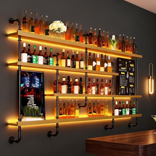 FKKPRVAX 150cm Portabottiglie Da Parete Con Luce LED, Moderni in legno per Bottiglie di Liquore, portabottiglie da bar a 4 livelli, per bar, sala da pranzo, Colore legno massello (150×20×150cm)