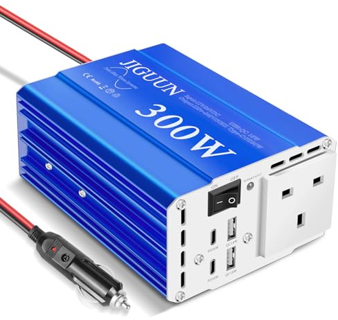 JIGUUN 300W/600W Inverter 12V/24V 240V Pure Sine Wave Converter | 1 UK socket 2 USB ports 2 Type-C ports 30W for cars, camping, travel and emergencies