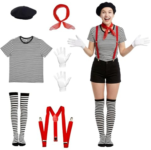 Pantomime Zirkus Kostüm Damen Herren, 6 Stück Clown Kostüm Damen mit Baskenmütze Schal Handschuhe Strümpfe Hosenträger Schwarz-Weiß Gestreiftes Oberteil für Faschingskostüme Karneval Cosplay Party