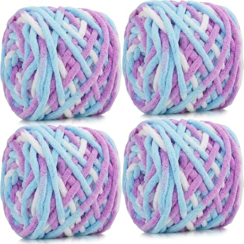 Xtrillogen 4x100g Chenille Wolle zum Häkeln,Chunky Wolle zum Stricken, Flauschig Häkelgarn Baumwolle, Bunte Chunky Yarn,Knitting Chenille Garn,Weben von Taschen, Schal,Decke,Mützen(Blau Violett Weiß)