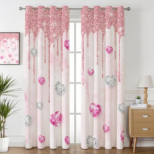 Havenix Glamour Herz Vorhänge Blickdicht Wohnzimmer Glitzer Rosa Weiß Diamant Prinzessin Vorhang mit ösen Gardinen 220 cm Hoch 2er Set Verdunklungsvorhänge für Schlafzimmer Fenster