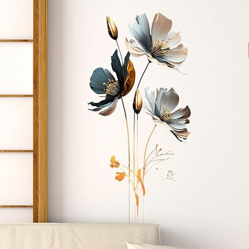 Flaxarne Blaues Blumen Wandtattoo mit Goldenen Akzenten – Großes Wandsticker für Wohnzimmer, Schlafzimmer und Büros – Moderne Wanddekoration für jedes Zuhause