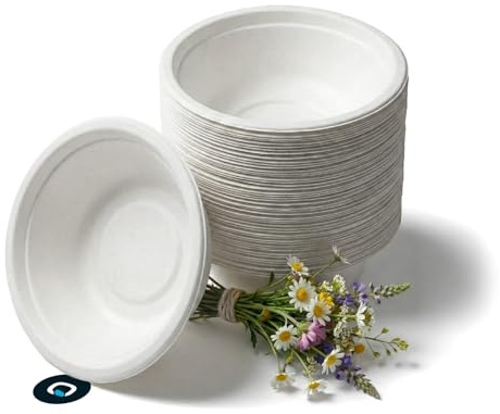MAQA 50 Piatti Fondi Biodegradabili e Compostabili Ø 19 cm - Capacità 680 ml, Piatti Bianchi In Polpa di Cellulosa 100% Bio – Resistenti a Caldo e Liquidi – Piatti Ecologici per Feste, Barbecue, Casa