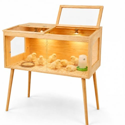 Chicken Brooder Box for Chicks, Wooden Indoor Brooder Box with Thermostat & Ceramic Lamp Holder & Heating Lamp Acrylic Panels, Sliding Doors & 4x70cm Wooden legs for Chicken，Hamsters,Quail Chew-Proof