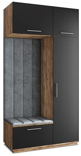 Masseno Flugarderoben Set Rema, Kleiderschrank-Set mit Sitzbank, Garderobenschrank Flur mit 5 Regalböden, Eiche Lefkas/Schwarz