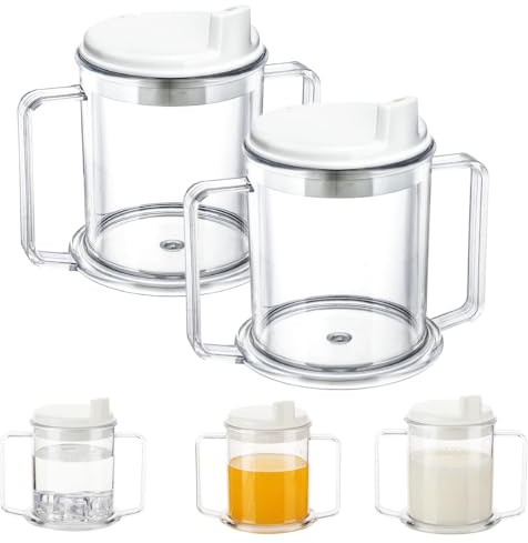 2Pcs Plastic Adult Sippy Cup with Double Handles and Lid, Clear Drinking Cup for Seniors, Elderly and Disabled, Suitable for Hot and Cold Beverages